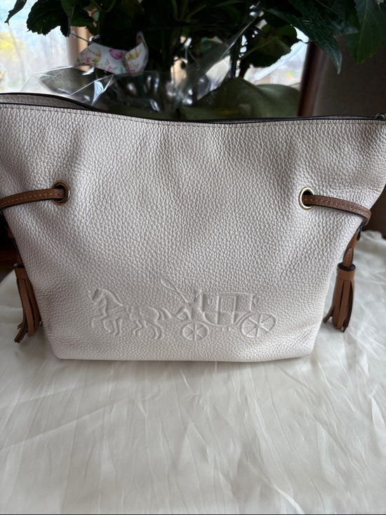 Coach Handbags - Coach White Pebbled Leather Tote with Tan Trim and Tassels